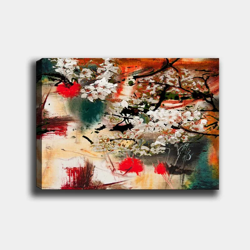 Lærred 70x100 cm - Blomstrende kirsebærtræer i en abstrakt komposition med stærke farver, Hvid / Rød / Orange