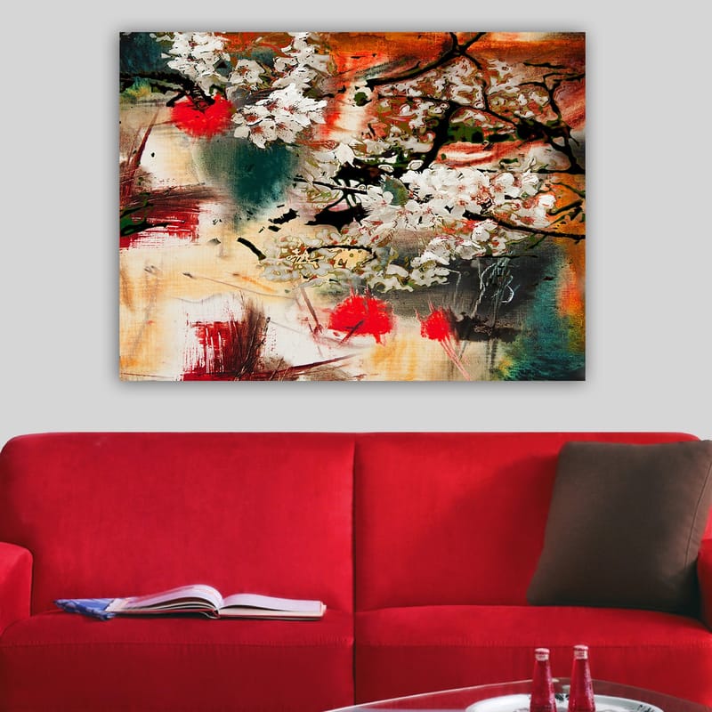 Lærred 70x100 cm - Blomstrende kirsebærtræer i en abstrakt komposition med stærke farver - Hvid / Rød / Orange - Boligtilbehør - Billeder & kunst - Billeder på lærred