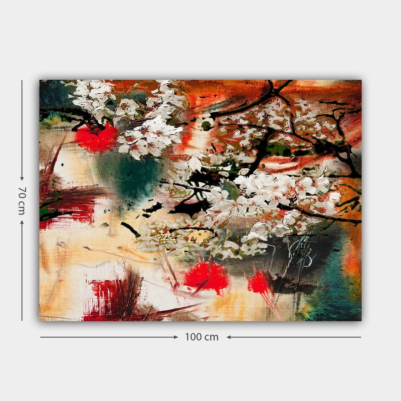 Lærred 70x100 cm - Blomstrende kirsebærtræer i en abstrakt komposition med stærke farver - Hvid / Rød / Orange - Boligtilbehør - Billeder & kunst - Billeder på lærred