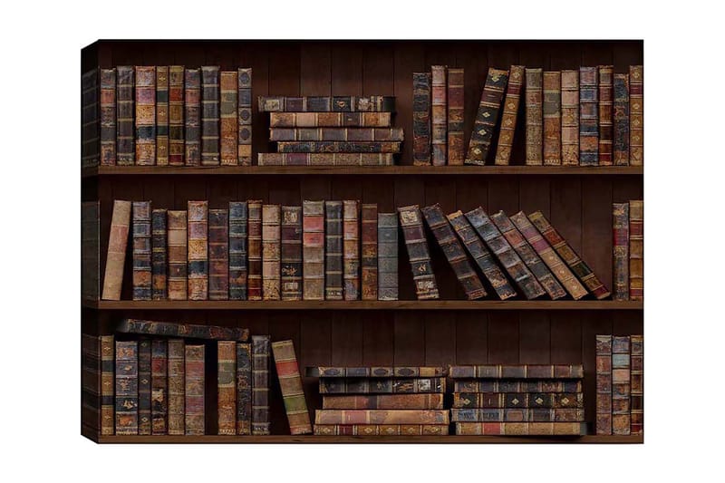 Lærred 70x100 cm - Bogreol fyldt med gamle bøger i forskellige størrelser og farver, Mørkebrun / Beige / Mørkegrøn