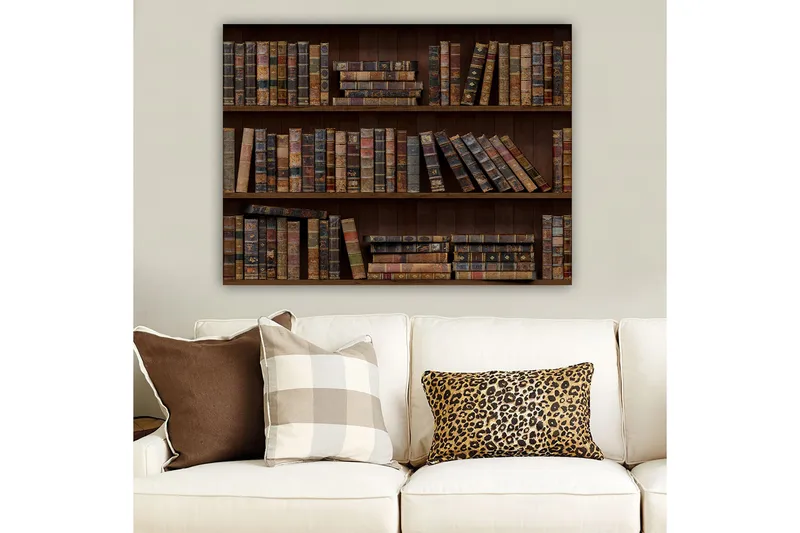 Lærred 70x100 cm - Bogreol fyldt med gamle bøger i forskellige størrelser og farver - Mørkebrun / Beige / Mørkegrøn - Boligtilbehør - Billeder & kunst - Billeder på lærred