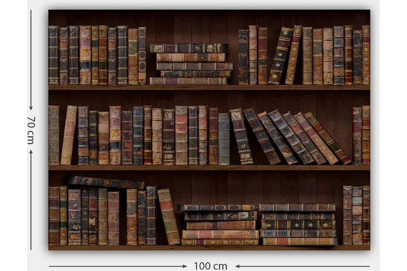 Lærred 70x100 cm - Bogreol fyldt med gamle bøger i forskellige størrelser og farver - Mørkebrun / Beige / Mørkegrøn - Boligtilbehør - Billeder & kunst - Billeder på lærred
