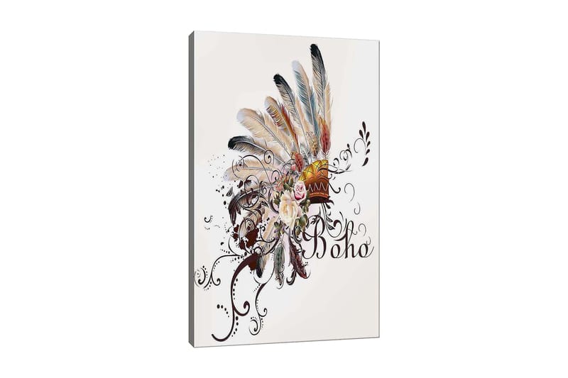 Lærred 70x100 cm - Boheme fjerhovedbeklædning med blomster og dekorative elementer, Beige / Brun / Lyserød