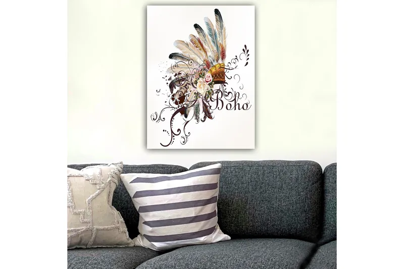 Lærred 70x100 cm - Boheme fjerhovedbeklædning med blomster og dekorative elementer - Beige / Brun / Lyserød - Boligtilbehør - Billeder & kunst - Billeder på lærred