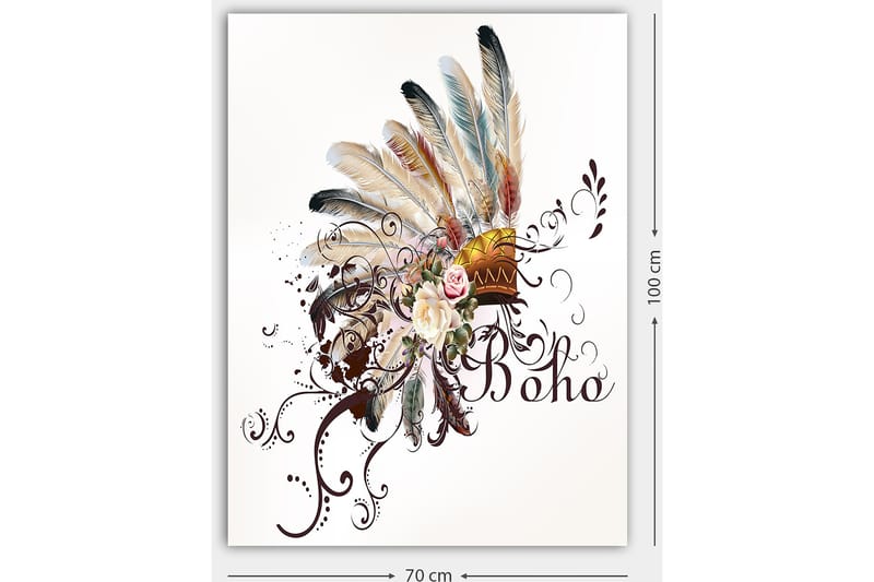 Lærred 70x100 cm - Boheme fjerhovedbeklædning med blomster og dekorative elementer - Beige / Brun / Lyserød - Boligtilbehør - Billeder & kunst - Billeder på lærred