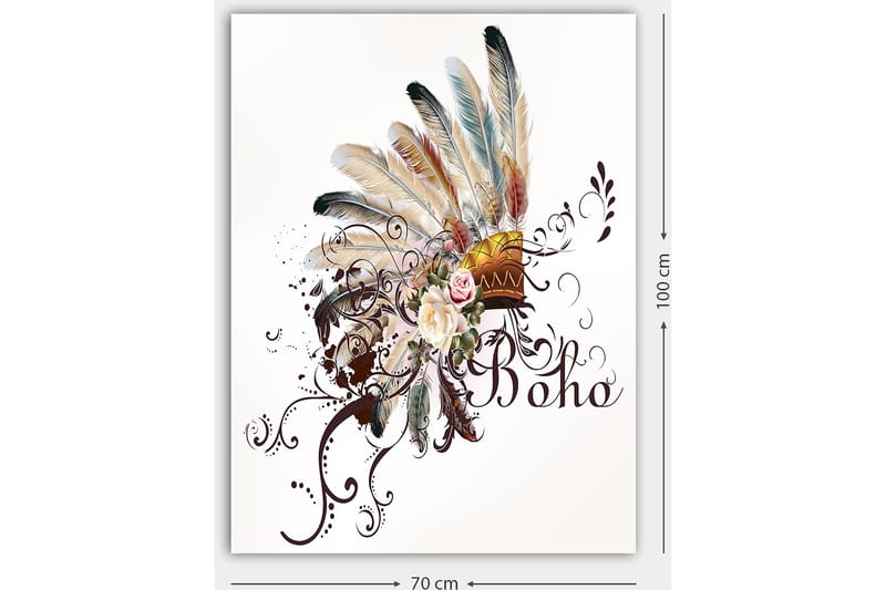 Lærred 70x100 cm - Boheme fjerhovedbeklædning med blomster og dekorative elementer - Beige / Brun / Lyserød - Boligtilbehør - Billeder & kunst - Billeder på lærred