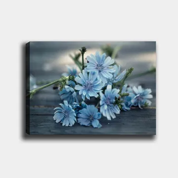 Lærred 70x100 cm - Buket af lyseblå blomster liggende på en mørk overflade - Lyseblå / Grøn - Boligtilbehør - Billeder & kunst - Billeder på lærred