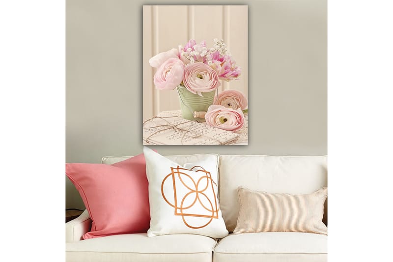 Lærred 70x100 cm - Buket af lyserød ranunkel i en grøn potte - Lyserød / Grøn / Hvid - Boligtilbehør - Billeder & kunst - Billeder på lærred
