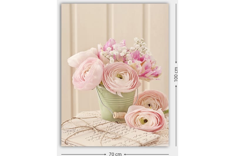 Lærred 70x100 cm - Buket af lyserød ranunkel i en grøn potte - Lyserød / Grøn / Hvid - Boligtilbehør - Billeder & kunst - Billeder på lærred