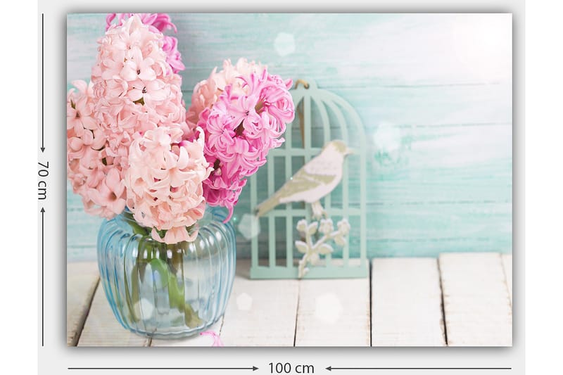 Lærred 70x100 cm - Buket af lyserøde hyacinter i en glasvase - Lyserød / Lyseblå / Grøn - Boligtilbehør - Billeder & kunst - Billeder på lærred