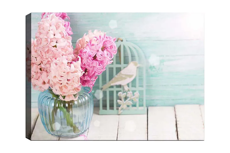 Lærred 70x100 cm - Buket af lyserøde hyacinter i en glasvase, Lyserød / Lyseblå / Grøn