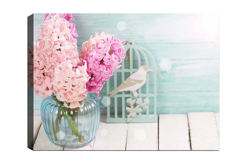 Lærred 70x100 cm - Buket af lyserøde hyacinter i en glasvase, Lyserød / Lyseblå / Grøn