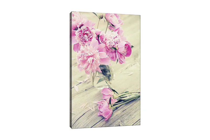 Lærred 70x100 cm - Buket af lyserøde pæoner i en glasvase, Lyserød / Grøn