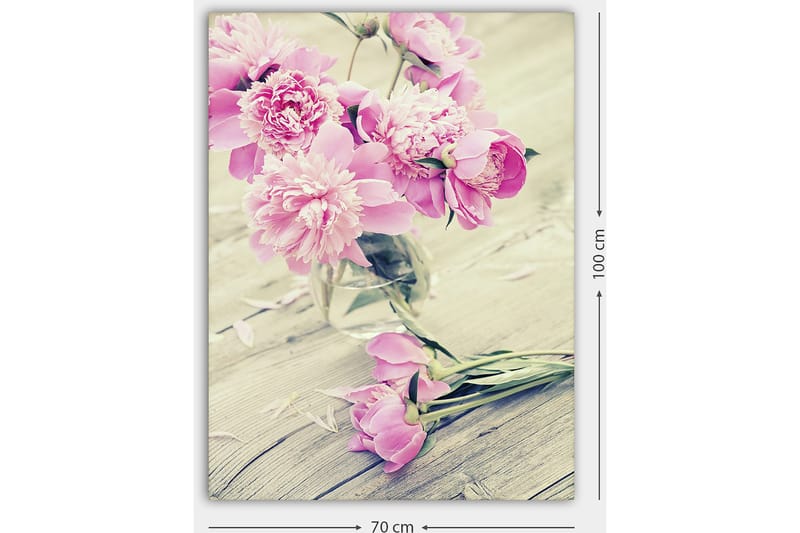 Lærred 70x100 cm - Buket af lyserøde pæoner i en glasvase - Lyserød / Grøn - Boligtilbehør - Billeder & kunst - Billeder på lærred