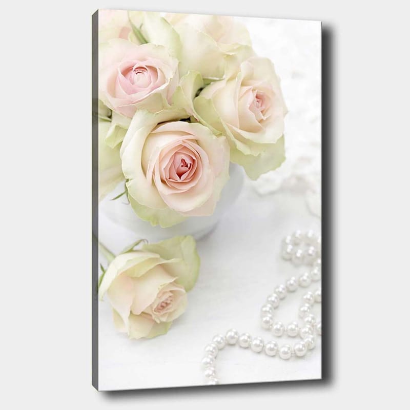 Lærred 70x100 cm - Buket lyserøde roser i en hvid potte, Lys pink / Grøn / Hvid