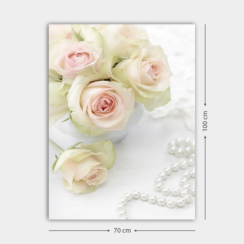 Lærred 70x100 cm - Buket lyserøde roser i en hvid potte - Lys pink / Grøn / Hvid - Boligtilbehør - Billeder & kunst - Billeder på lærred