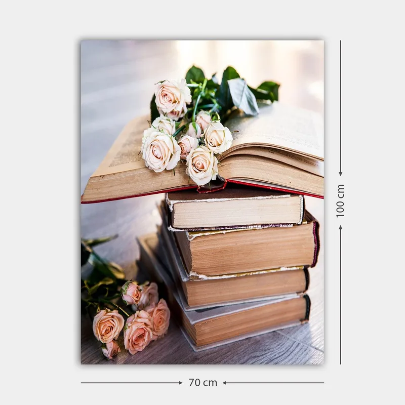 Lærred 70x100 cm - Buket roser ligger på en bunke bøger - Lys pink / Beige / Brun - Boligtilbehør - Billeder & kunst - Billeder på lærred