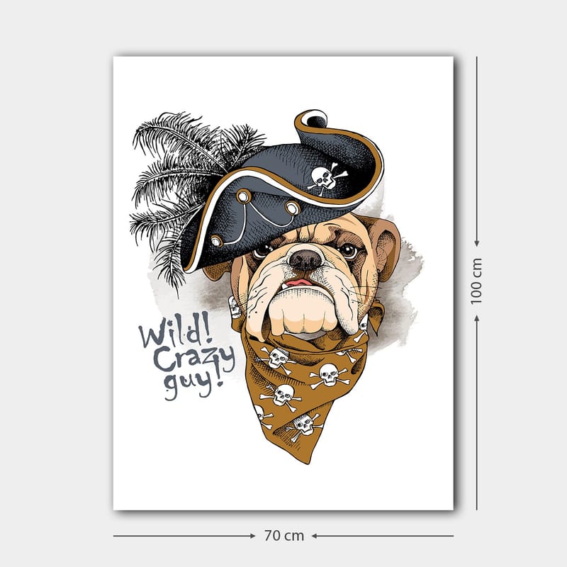 Lærred 70x100 cm - Bulldog iført pirathat og bandana med kranier - Beige / Sort / Orange - Boligtilbehør - Billeder & kunst - Billeder på lærred
