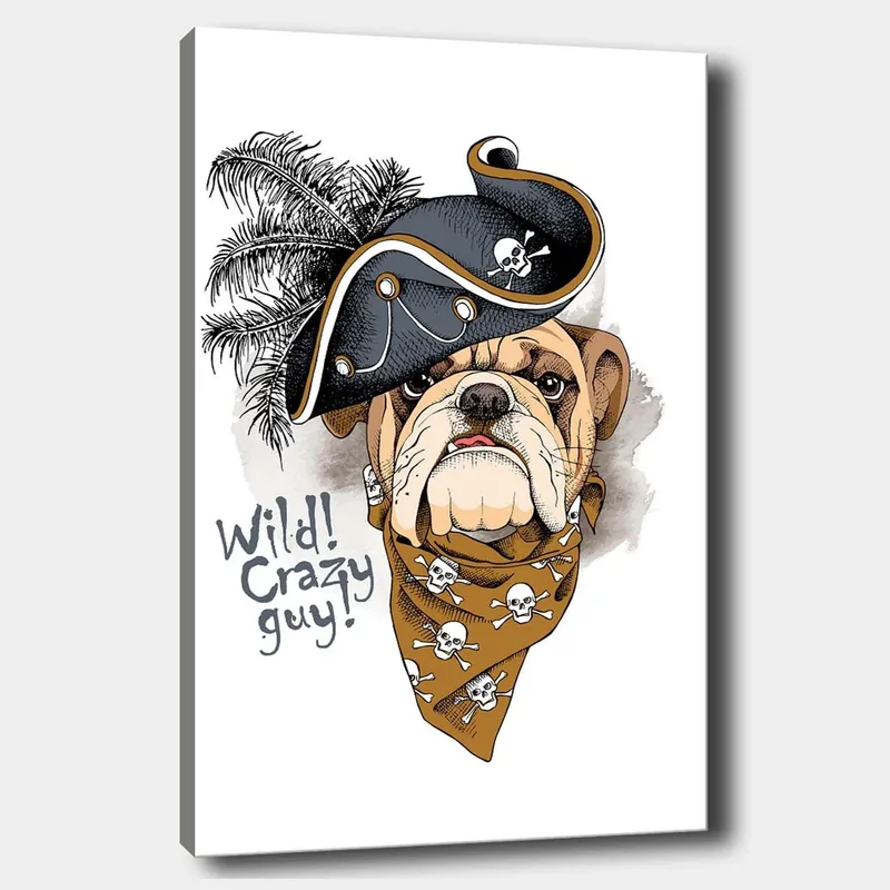 Lærred 70x100 cm - Bulldog iført pirathat og bandana med kranier, Beige / Sort / Orange