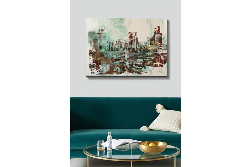 Lærred 70x100 cm - Bybillede med høje bygninger og travle gader, Grøn / Brun / Hvid