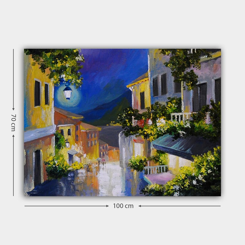 Lærred 70x100 cm - Charmerende gyde med farverige huse og en måne, der skinner over landskabet - Gul / Blå / Grøn - Boligtilbehør - Billeder & kunst - Billeder på lærred