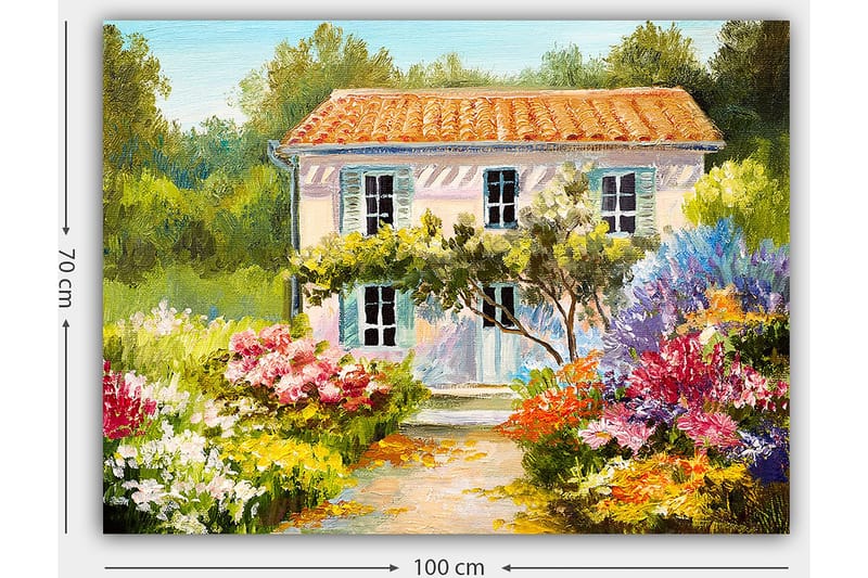 Lærred 70x100 cm - Charmerende villa omgivet af blomstrende haver - Grøn / Lyserød / Blå - Boligtilbehør - Billeder & kunst - Billeder på lærred