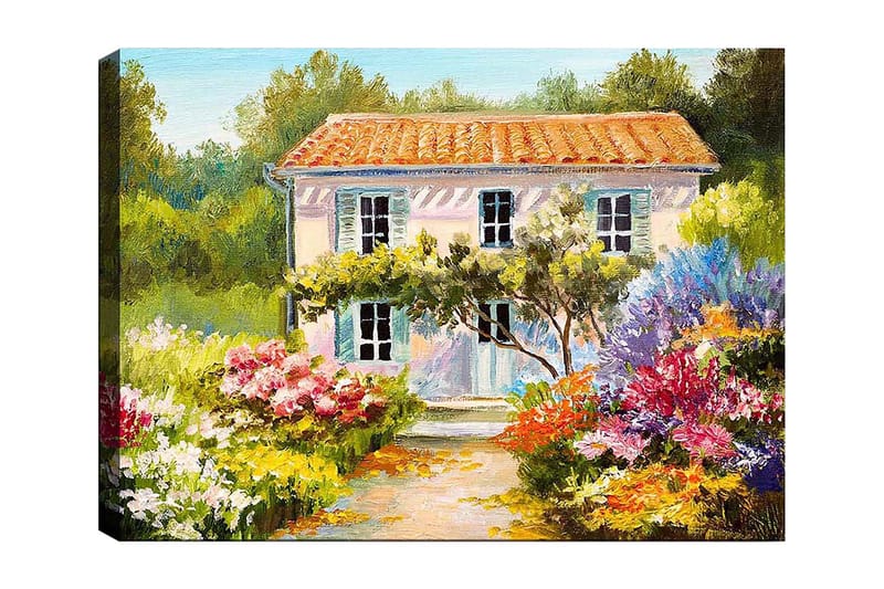 Lærred 70x100 cm - Charmerende villa omgivet af blomstrende haver, Grøn / Lyserød / Blå