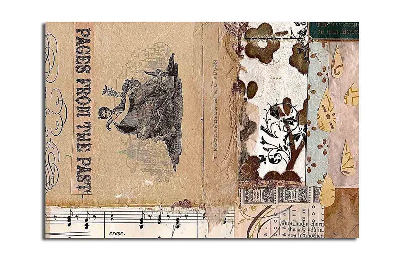 Lærred 70x100 cm - Collage af gamle bogblade og dekorative mønstre med en central figur, der fremhæver nostalgi og historie, Beige / Brun / Sort