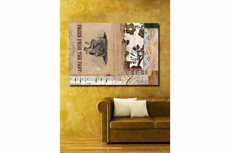 Lærred 70x100 cm - Collage af gamle bogblade og dekorative mønstre med en central figur, der fremhæver nostalgi og historie - Beige / Brun / Sort - Boligtilbehør - Billeder & kunst - Billeder på lærred