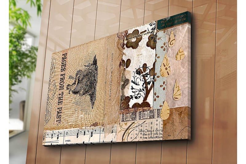 Lærred 70x100 cm - Collage af gamle bogblade og dekorative mønstre med en central figur, der fremhæver nostalgi og historie - Beige / Brun / Sort - Boligtilbehør - Billeder & kunst - Billeder på lærred