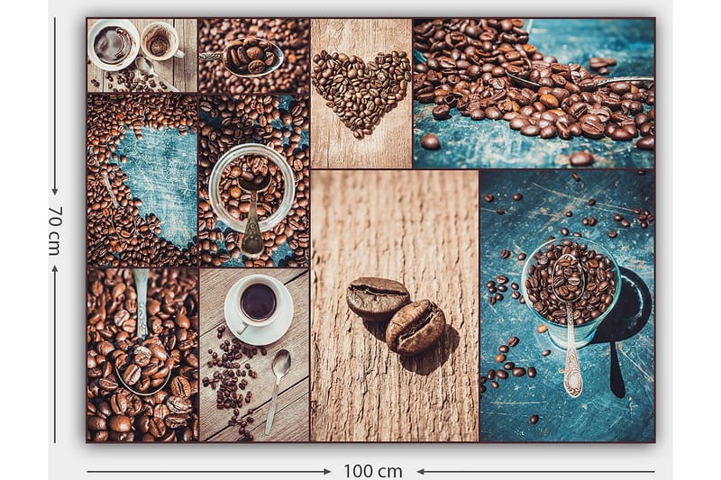 Lærred 70x100 cm - Collage af kaffebønner og kaffekopper, der fremhæver de forskellige aspekter og præsentationer af kaffe - Mørkebrun / Beige / Turkis - Boligtilbehør - Billeder & kunst - Billeder på lærred