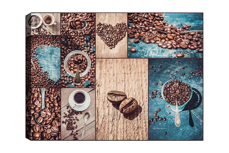 Lærred 70x100 cm - Collage af kaffebønner og kaffekopper, der fremhæver de forskellige aspekter og præsentationer af kaffe, Mørkebrun / Beige / Turkis