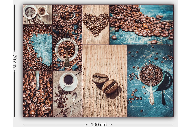 Lærred 70x100 cm - Collage af kaffebønner og kaffekopper, der fremhæver de forskellige aspekter og præsentationer af kaffe - Mørkebrun / Beige / Turkis - Boligtilbehør - Billeder & kunst - Billeder på lærred