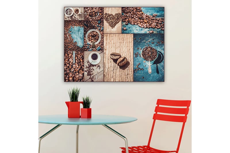 Lærred 70x100 cm - Collage af kaffebønner og kaffekopper, der fremhæver de forskellige aspekter og præsentationer af kaffe - Mørkebrun / Beige / Turkis - Boligtilbehør - Billeder & kunst - Billeder på lærred