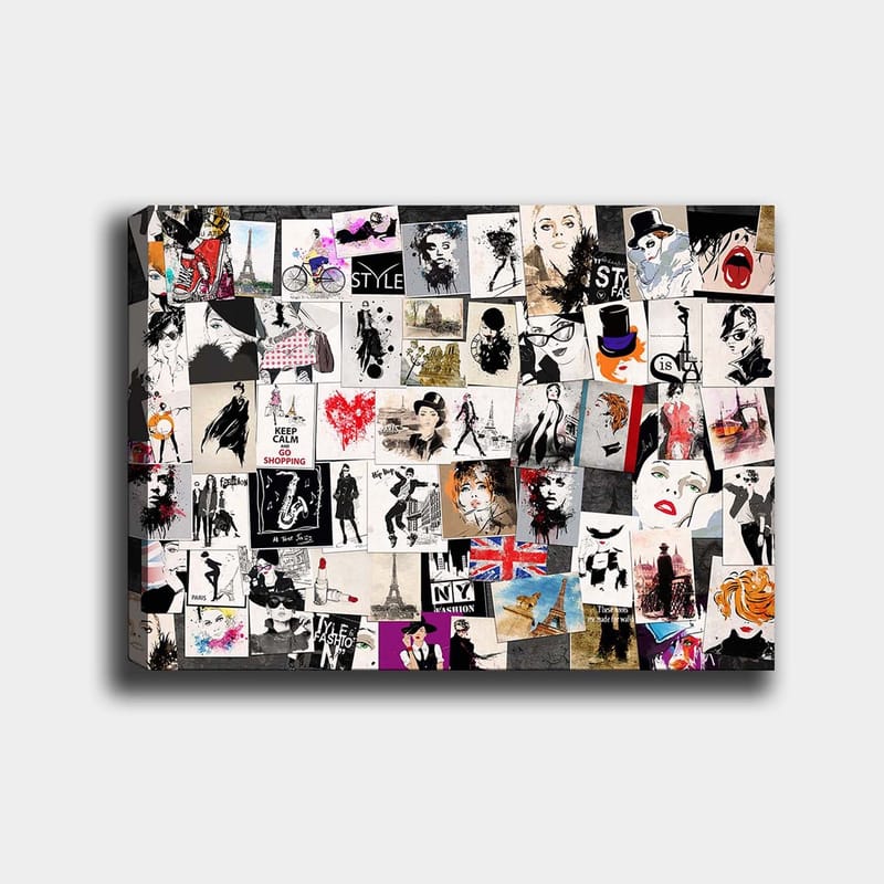 Lærred 70x100 cm - Collage af modeikoner og stiliserede portrætter med elementer af romantiske og urbane temaer, Sort / Rød / Beige