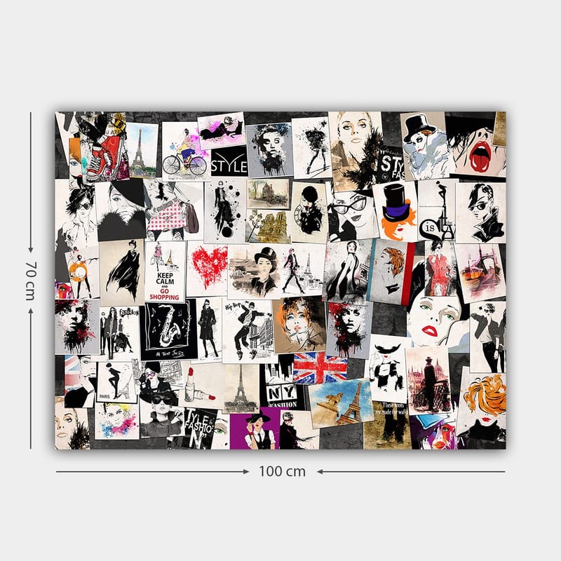 Lærred 70x100 cm - Collage af modeikoner og stiliserede portrætter med elementer af romantiske og urbane temaer - Sort / Rød / Beige - Boligtilbehør - Billeder & kunst - Billeder på lærred