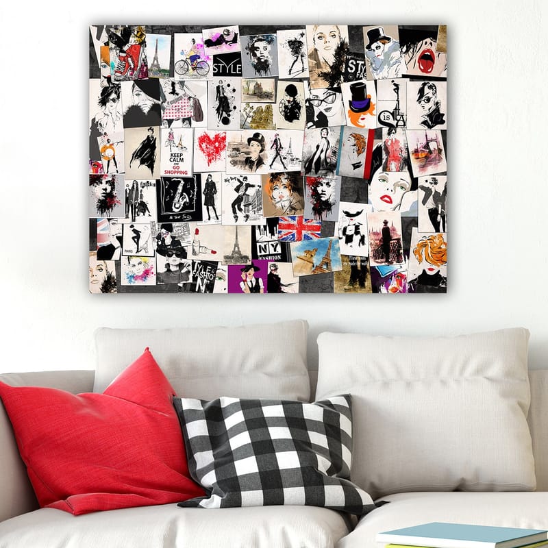 Lærred 70x100 cm - Collage af modeikoner og stiliserede portrætter med elementer af romantiske og urbane temaer - Sort / Rød / Beige - Boligtilbehør - Billeder & kunst - Billeder på lærred