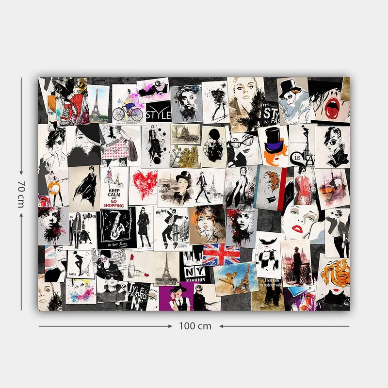 Lærred 70x100 cm - Collage af modeikoner og stiliserede portrætter med elementer af romantiske og urbane temaer - Sort / Rød / Beige - Boligtilbehør - Billeder & kunst - Billeder på lærred
