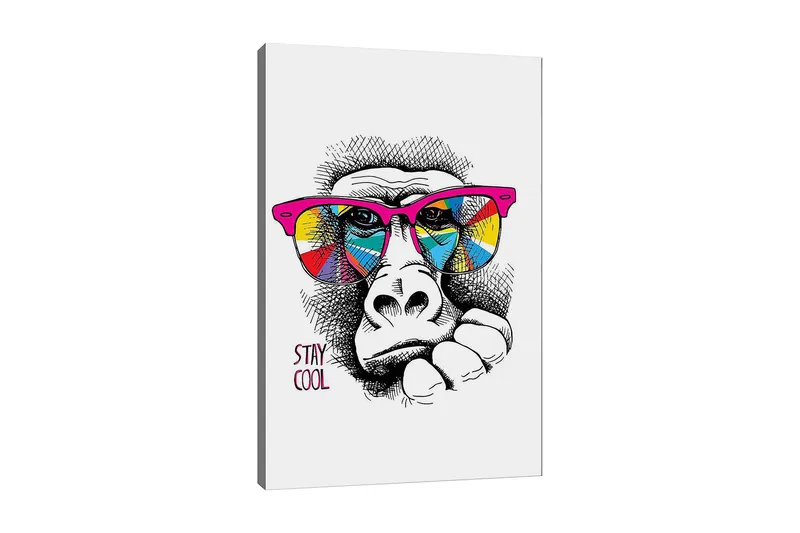 Lærred 70x100 cm - Cool gorilla med farverige solbriller, der udtrykker en afslappet attitude, Lyserød / Gul / Blå