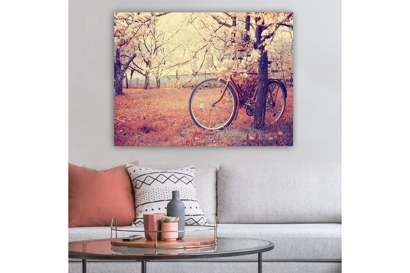 Lærred 70x100 cm - Cykel lænet op ad et træ i en blomstrende frugthave om foråret - Orange / Brun / Grå - Boligtilbehør - Billeder & kunst - Billeder på lærred