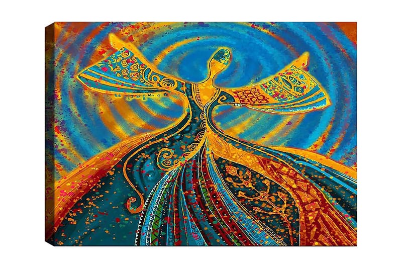 Lærred 70x100 cm - Dansende figur med udstrakte arme i en farverig og levende komposition - Blå / Orange / Grøn - Boligtilbehør - Billeder & kunst - Billeder på lærred