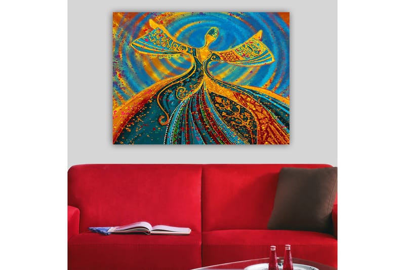 Lærred 70x100 cm - Dansende figur med udstrakte arme i en farverig og levende komposition - Blå / Orange / Grøn - Boligtilbehør - Billeder & kunst - Billeder på lærred