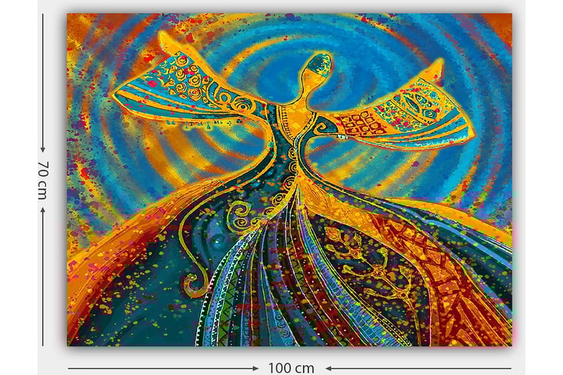 Lærred 70x100 cm - Dansende figur med udstrakte arme i en farverig og levende komposition - Blå / Orange / Grøn - Boligtilbehør - Billeder & kunst - Billeder på lærred