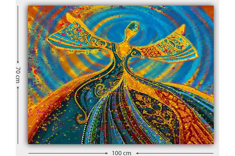 Lærred 70x100 cm - Dansende figur med udstrakte arme i en farverig og levende komposition - Blå / Orange / Grøn - Boligtilbehør - Billeder & kunst - Billeder på lærred