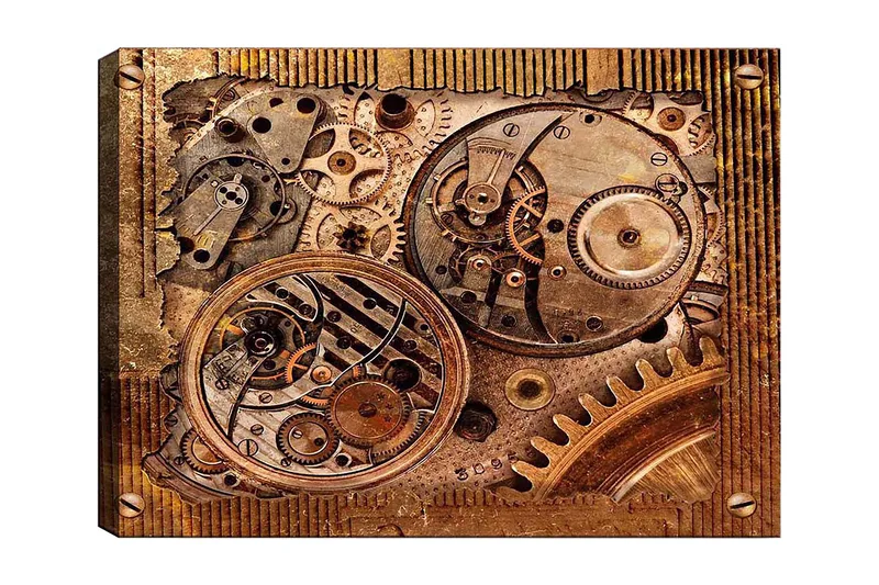 Lærred 70x100 cm - Detaljeret komposition af urværk med gear og mekaniske dele, Bronze / Kobber / Guld