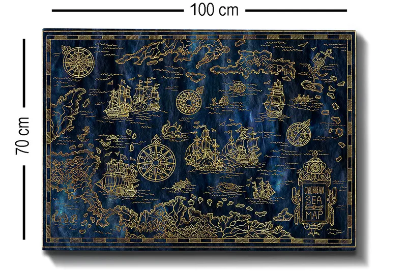 Lærred 70x100 cm - Detaljeret kort over Det Caribiske Hav med sejlbåde og kompasser i guldmotiver - Mørkeblå / Guld - Boligtilbehør - Billeder & kunst - Billeder på lærred