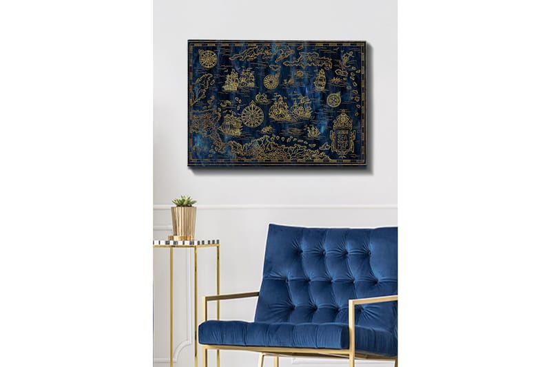 Lærred 70x100 cm - Detaljeret kort over Det Caribiske Hav med sejlbåde og kompasser i guldmotiver - Mørkeblå / Guld - Boligtilbehør - Billeder & kunst - Billeder på lærred