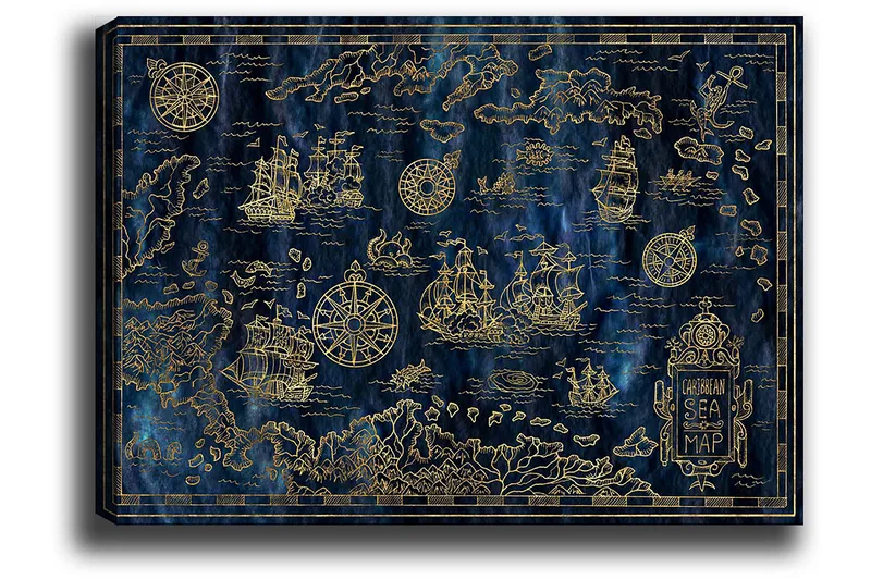 Lærred 70x100 cm - Detaljeret kort over Det Caribiske Hav med sejlbåde og kompasser i guldmotiver, Mørkeblå / Guld
