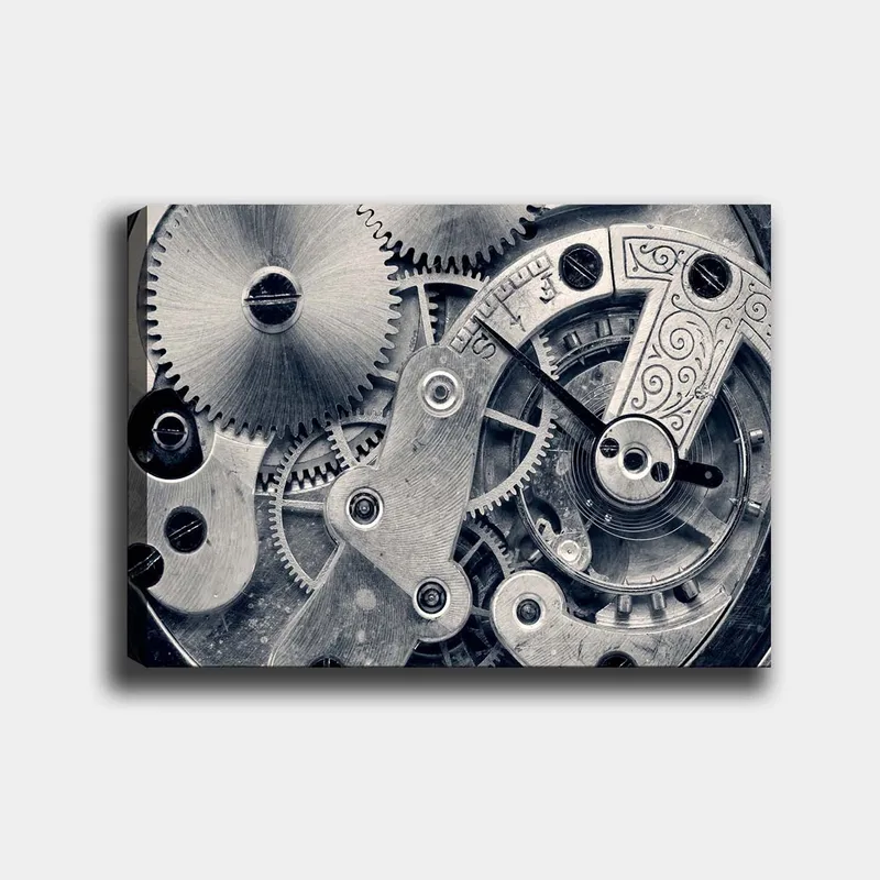 Lærred 70x100 cm - Detaljeret nærbillede af urværkets gear og mekanik, Sølv / Grå