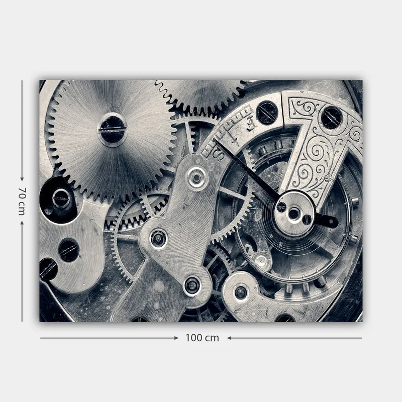 Lærred 70x100 cm - Detaljeret nærbillede af urværkets gear og mekanik - Sølv / Grå - Boligtilbehør - Billeder & kunst - Billeder på lærred